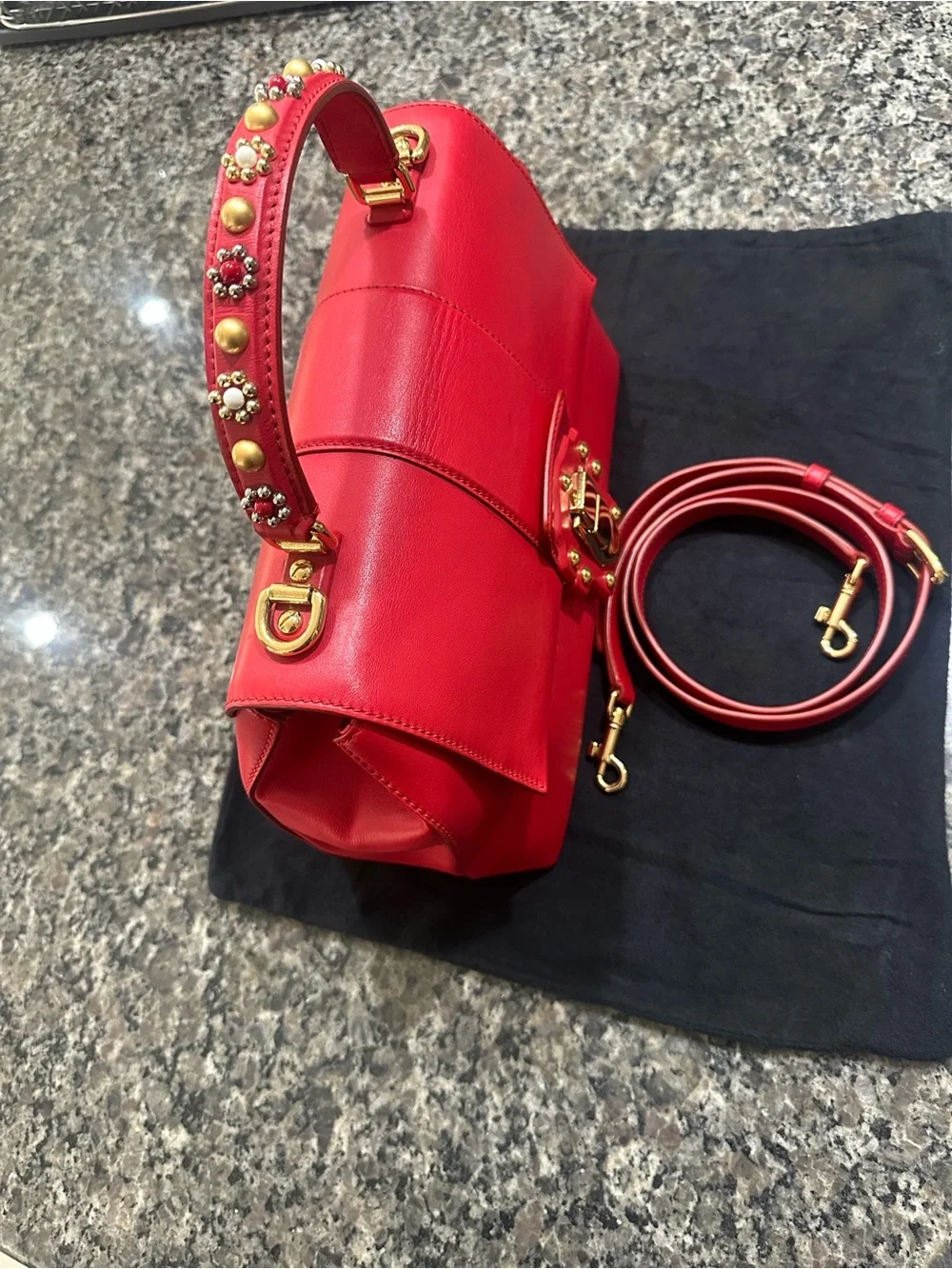 Dolce & Gabbana Red Leather Top-Handle Satchel with Gold Hardware and Studs